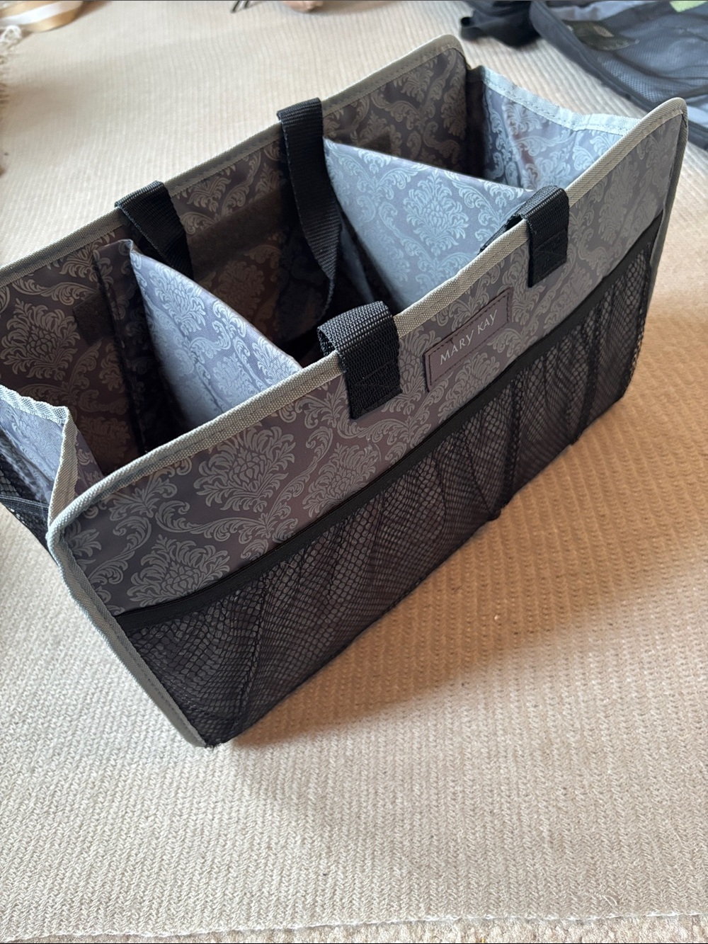 Mary Kay Gray Patterned Organizer Caddy with Black Mesh Pockets
